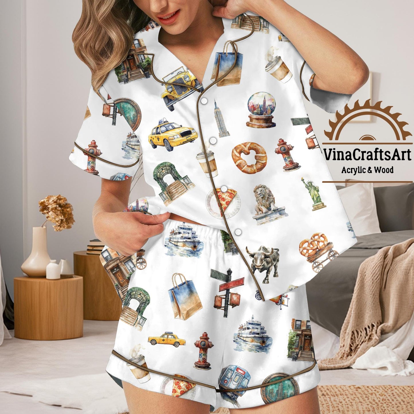 New York City Print Satin Pajamas Set – Women’s Short and Long Sleeve Button-Up Sleepwear with Iconic NYC Landmarks Pajamas Set
