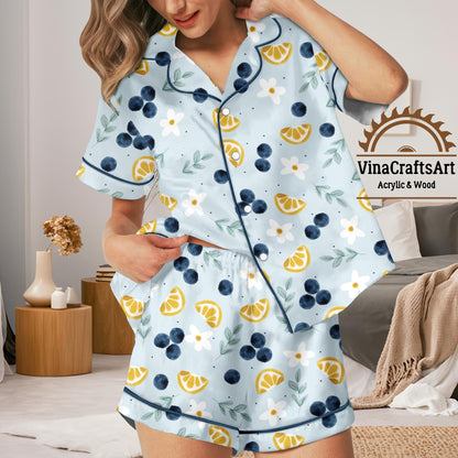 Blueberry & Lemon Print Satin Pajamas Set – Women’s Short and Long Sleeve Button-Up Sleepwear with Fresh Fruit Pattern Pajamas Set