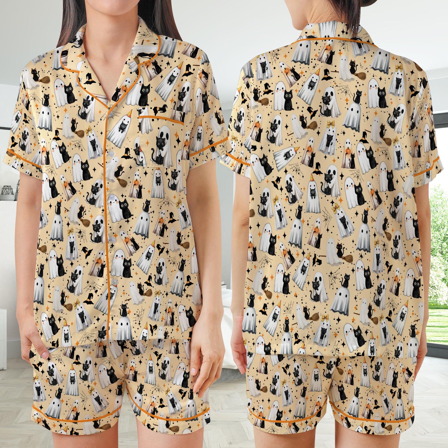 Black Cat Halloween Satin Pajamas Set, Spooky Season Pajama Set, Boo Ghost Cat Lover Sleepwear, Funny Cat Mama Halloween Pajamas Set