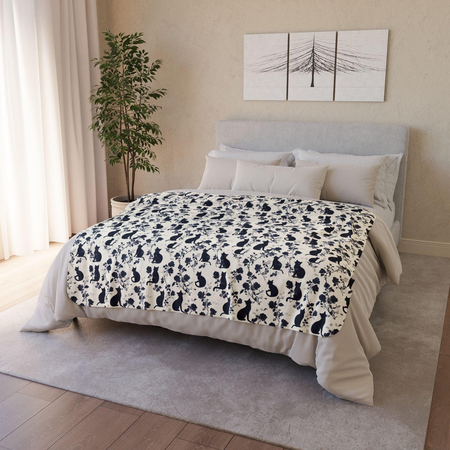 Floral Black Cat Sherpa Blanket - Soft Cozy Throw for Kids & Adults - Home Decor - Cute Cate Blanket Gift by Harbor Island Decor