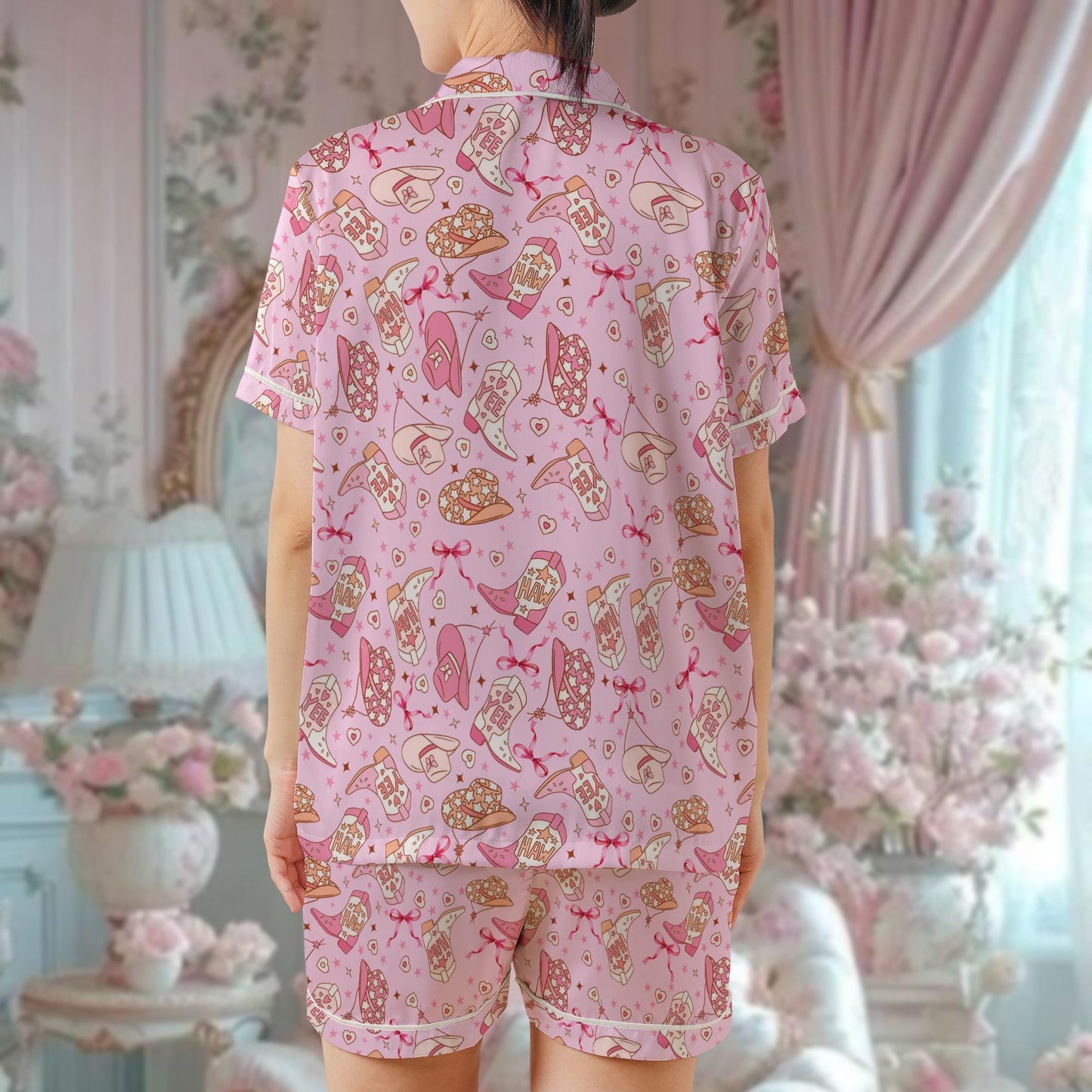 Pink Yee Haw Western Cowgirl Pajama Set, Coquette Cowgirl Sleepwear, Girly Western Loungewear Set, Pink Cowgirl Pjs, Cowgirl Hats & Boots
