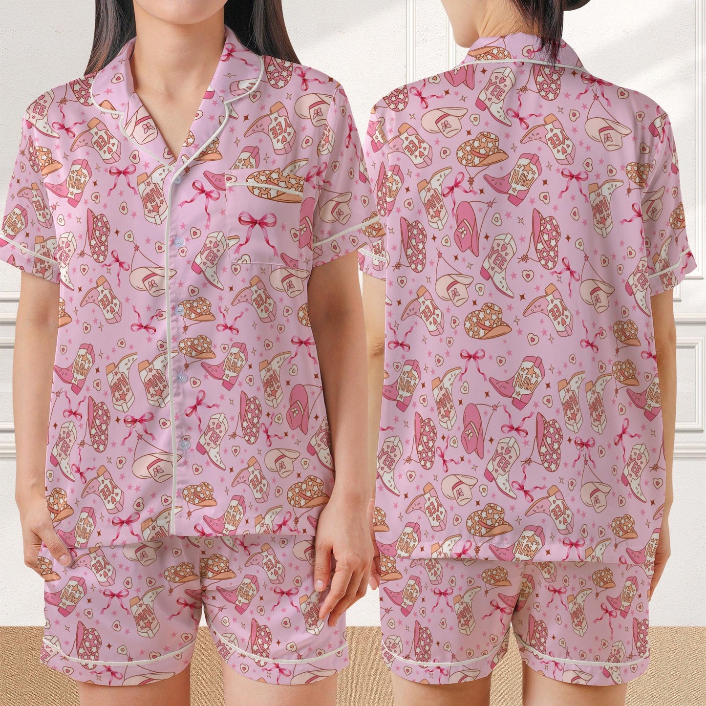 Pink Yee Haw Western Cowgirl Pajama Set, Coquette Cowgirl Sleepwear, Girly Western Loungewear Set, Pink Cowgirl Pjs, Cowgirl Hats & Boots