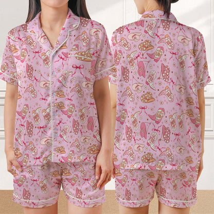 Pink Yee Haw Western Cowgirl Pajama Set, Coquette Cowgirl Sleepwear, Girly Western Loungewear Set, Pink Cowgirl Pjs, Cowgirl Hats & Boots