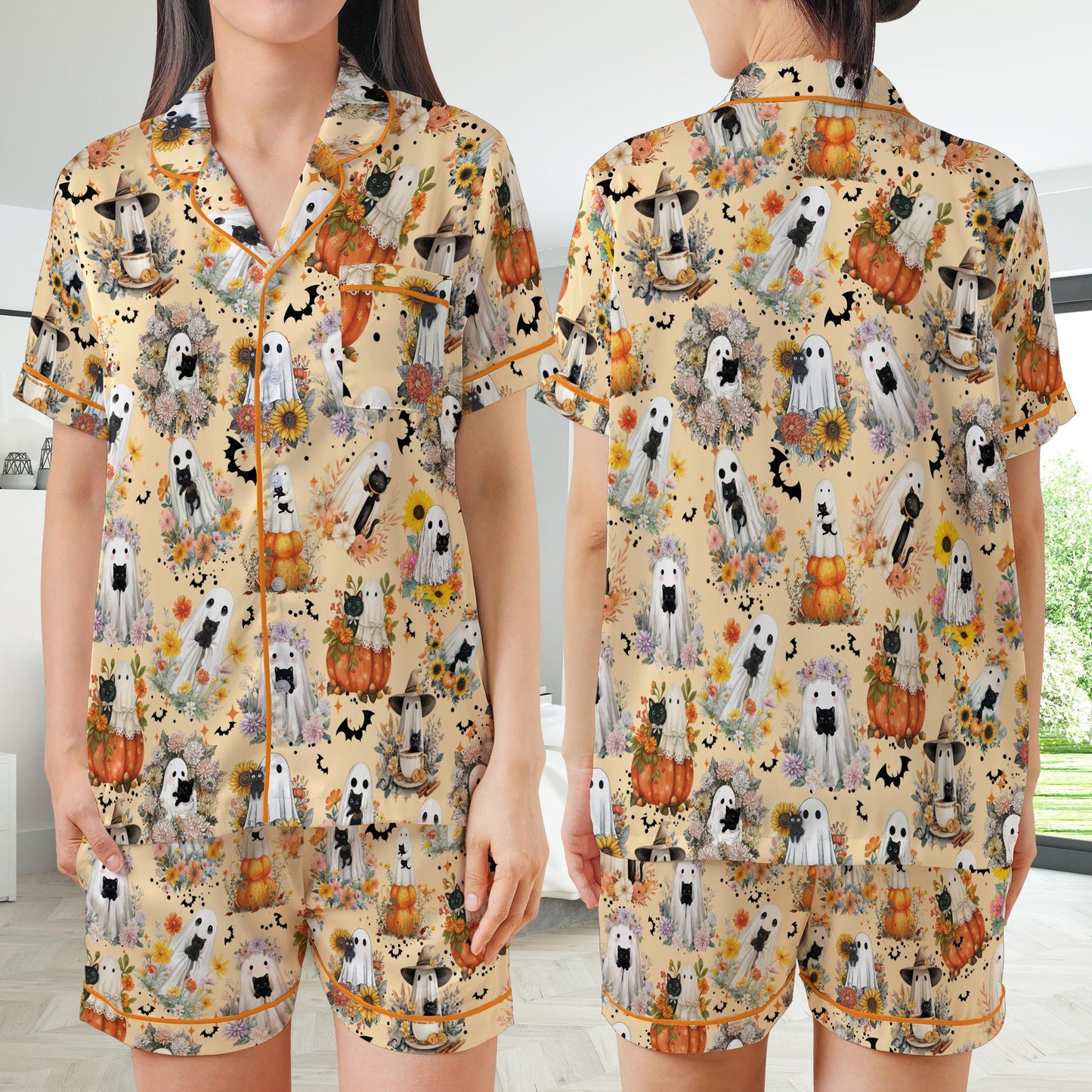 Wild Flower Black Cat Halloween Satin Pajamas Set, Spooky Pajama Set, Boo Ghost Cat Lover Sleepwear, Funny Cat Mama Halloween Pajamas Set