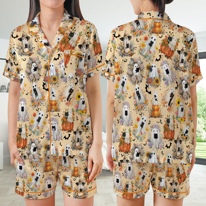 Wild Flower Black Cat Halloween Satin Pajamas Set, Spooky Pajama Set, Boo Ghost Cat Lover Sleepwear, Funny Cat Mama Halloween Pajamas Set