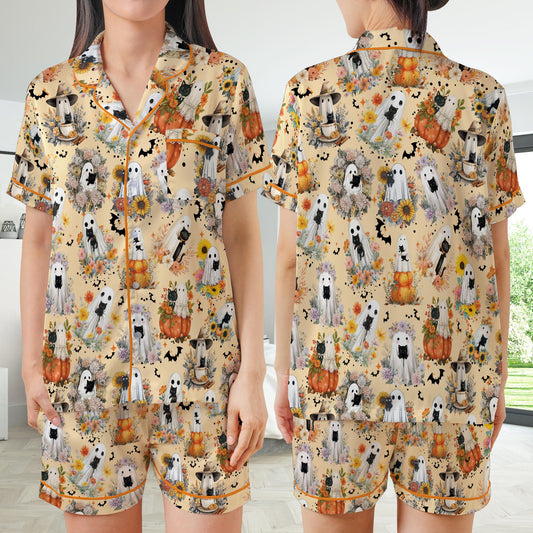 Wild Flower Black Cat Halloween Satin Pajamas Set, Spooky Pajama Set, Boo Ghost Cat Lover Sleepwear, Funny Cat Mama Halloween Pajamas Set