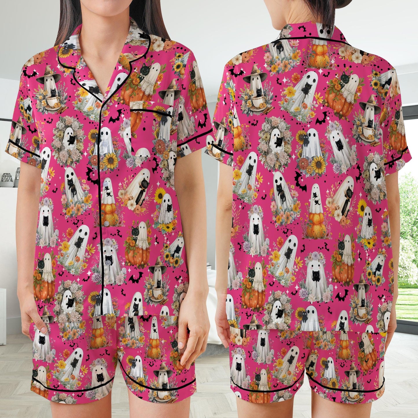 Wild Flower Black Cat Halloween Satin Pajamas Set, Spooky Pajama Set, Boo Ghost Cat Lover Sleepwear, Funny Cat Mama Halloween Pajamas Set