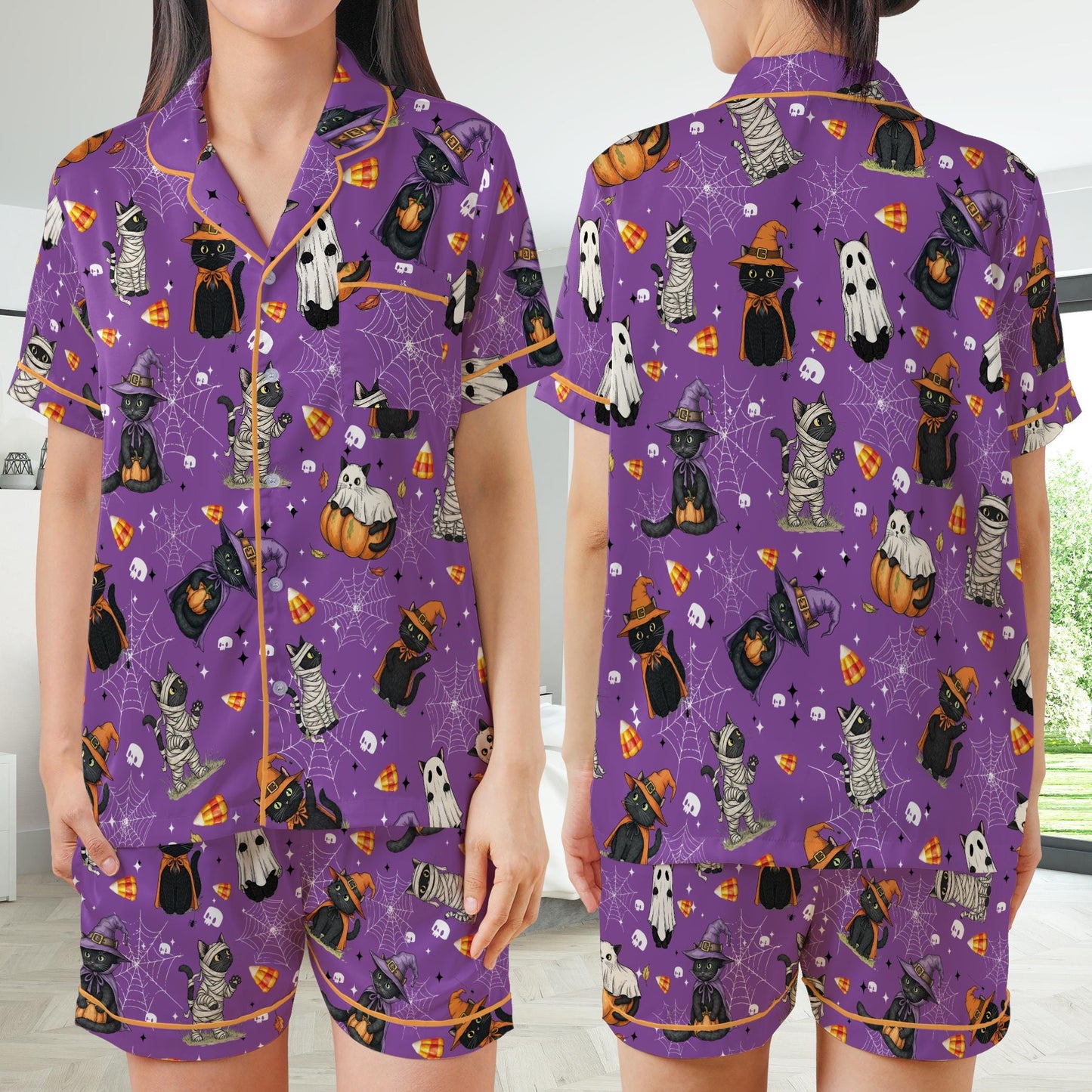 Boo Ghost Black Cat Halloween Satin Pajamas Set, Spooky Season Pajama Set, Funny Cat Lover Sleepwear, Cat Mama Halloween Gift