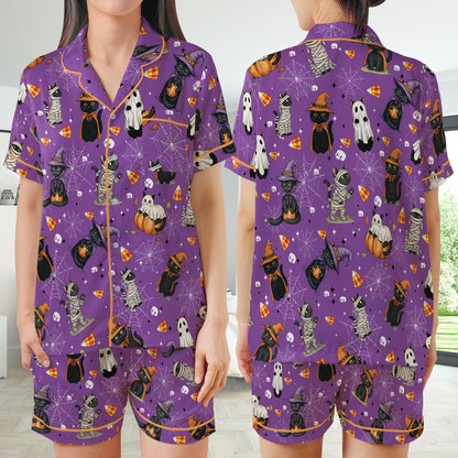 Boo Ghost Black Cat Halloween Satin Pajamas Set, Spooky Season Pajama Set, Funny Cat Lover Sleepwear, Cat Mama Halloween Gift