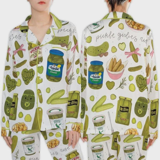 Coquette Pickle Girl Silky Satin Pajama Set, Satin Pajamas For Women