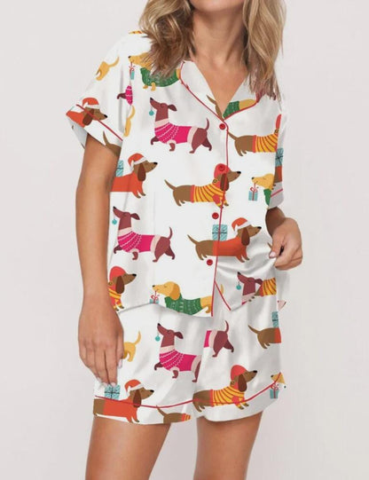 Christmas Festive Dachshund Satin Pajama Set For Women  Pajamas Set