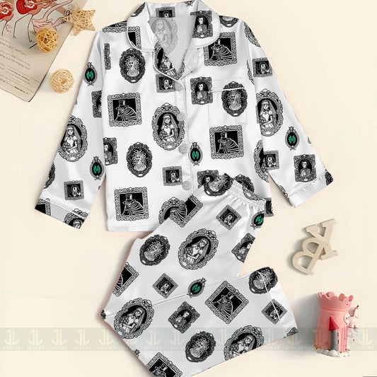 Haunted Mansion Welcome Foolish Mortal Frame Unisex Satin Pajamas Set, Spooky Season Pajamas , Long Sleeve And Short Styles