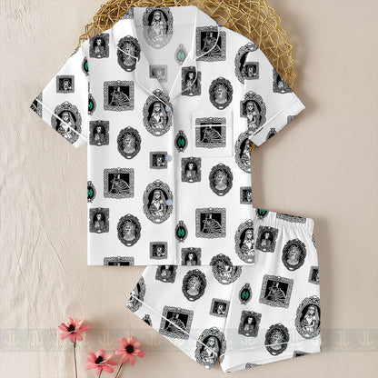 Haunted Mansion Welcome Foolish Mortal Frame Unisex Satin Pajamas Set, Spooky Season Pajamas , Long Sleeve And Short Styles