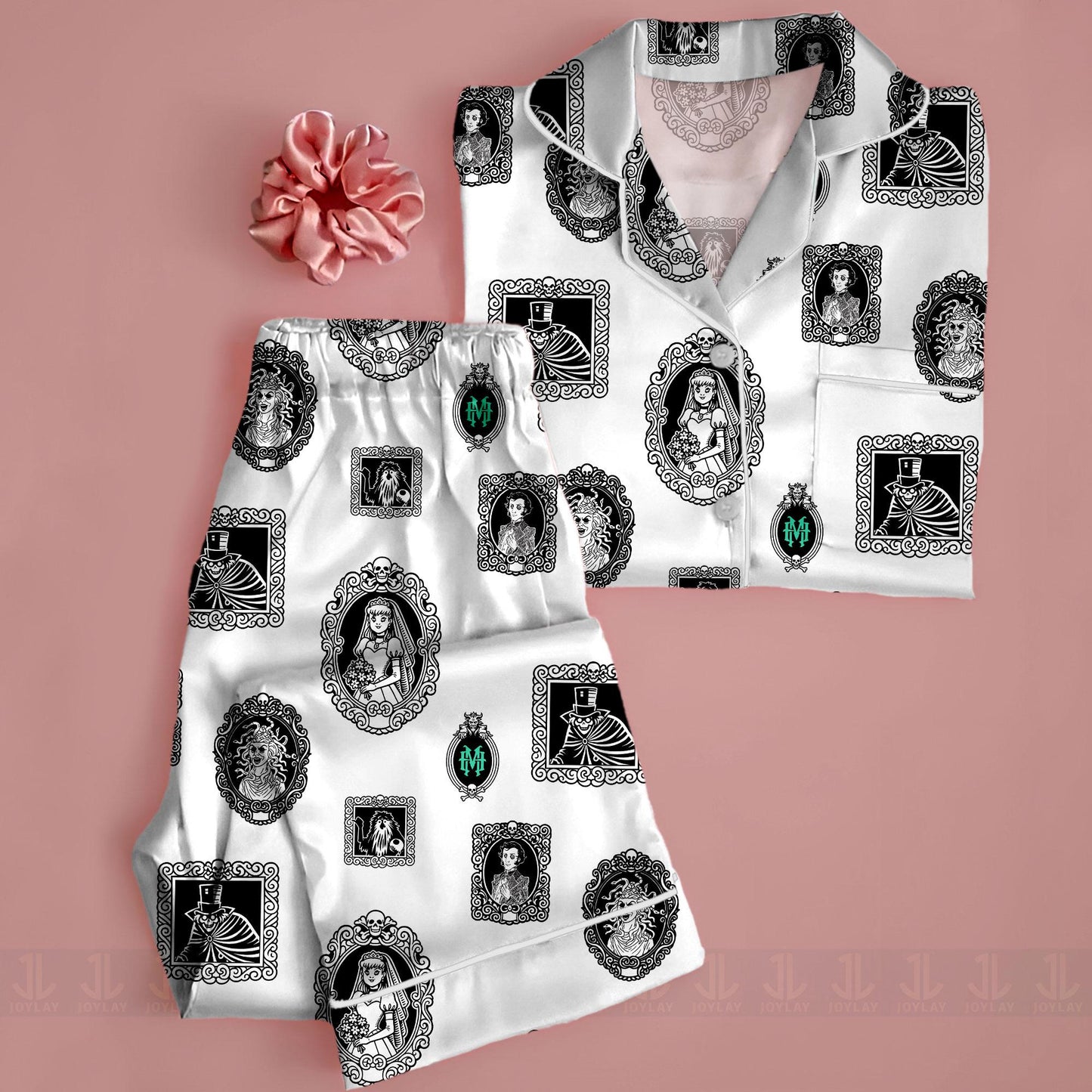 Haunted Mansion Welcome Foolish Mortal Frame Unisex Satin Pajamas Set, Spooky Season Pajamas , Long Sleeve And Short Styles