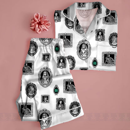 Haunted Mansion Welcome Foolish Mortal Frame Unisex Satin Pajamas Set, Spooky Season Pajamas , Long Sleeve And Short Styles