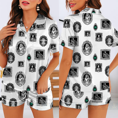 Haunted Mansion Welcome Foolish Mortal Frame Unisex Satin Pajamas Set, Spooky Season Pajamas , Long Sleeve And Short Styles