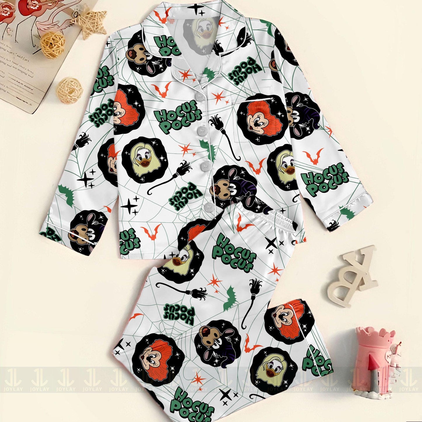 Minnie Daisy Duck Clarabelle Hocus Pocus Unisex Satin Pajamas Set, Spooky Season Pajamas , Long Sleeve And Short Styles