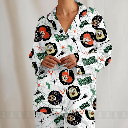 Minnie Daisy Duck Clarabelle Hocus Pocus Unisex Satin Pajamas Set, Spooky Season Pajamas , Long Sleeve And Short Styles