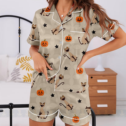 Lady and Tramp Si Am Cat Unisex Satin Pajamas Set, Spooky Season Pajamas , Long Sleeve And Short Styles