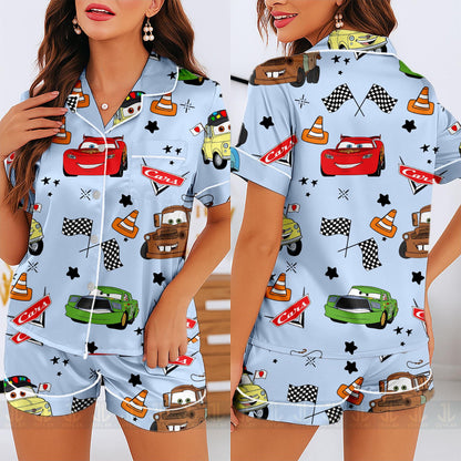 sTow Mater McQueen Friend Cars Unisex Satin Pajamas Set, Spooky Season Pajamas , Long Sleeve And Short Styles