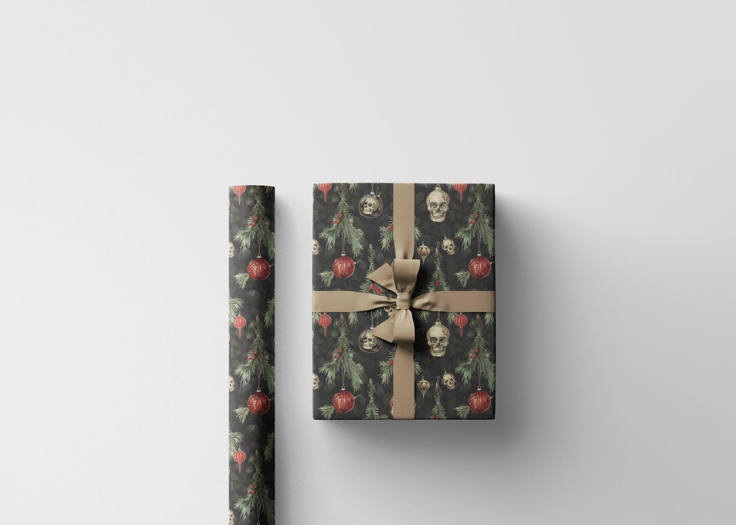 Dark Gothic Christmas Wrapping Paper Roll, Skulls and Bats Holiday Wrap for Alternative Gift Giving #3