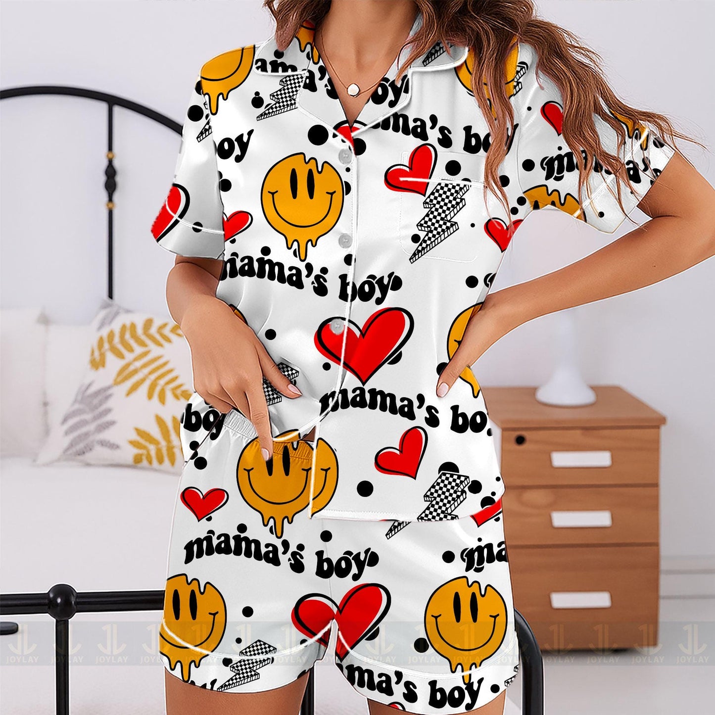 Mama Boy Heart Unisex Satin Pajamas Set, Spooky Season Pajamas , Long Sleeve And Short Styles