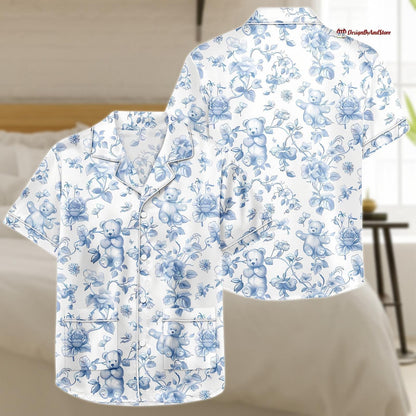 Cute Teddy Bear Pajama Set, Soft Floral Summer Sleepwear, Button Down Loungewear, Satin PJs for Women, Gift for Her