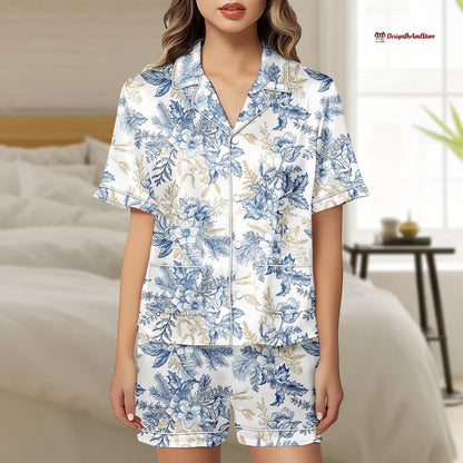Flower Leaf Pajama Set, Summer Matching Short Sleeve Shirt and Shorts PJs, Loungewear for Women, Gift for Her