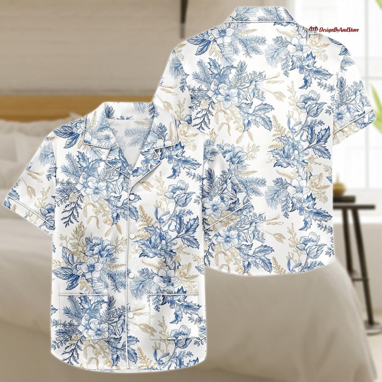 Flower Leaf Pajama Set, Summer Matching Short Sleeve Shirt and Shorts PJs, Loungewear for Women, Gift for Her