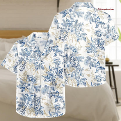 Flower Leaf Pajama Set, Summer Matching Short Sleeve Shirt and Shorts PJs, Loungewear for Women, Gift for Her