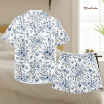 Floral Pattern Pajama Set, Summer Satin PJs Set, Sleepwear PJs Shirt and Shorts, Lounge Set for Women, Gift for Her