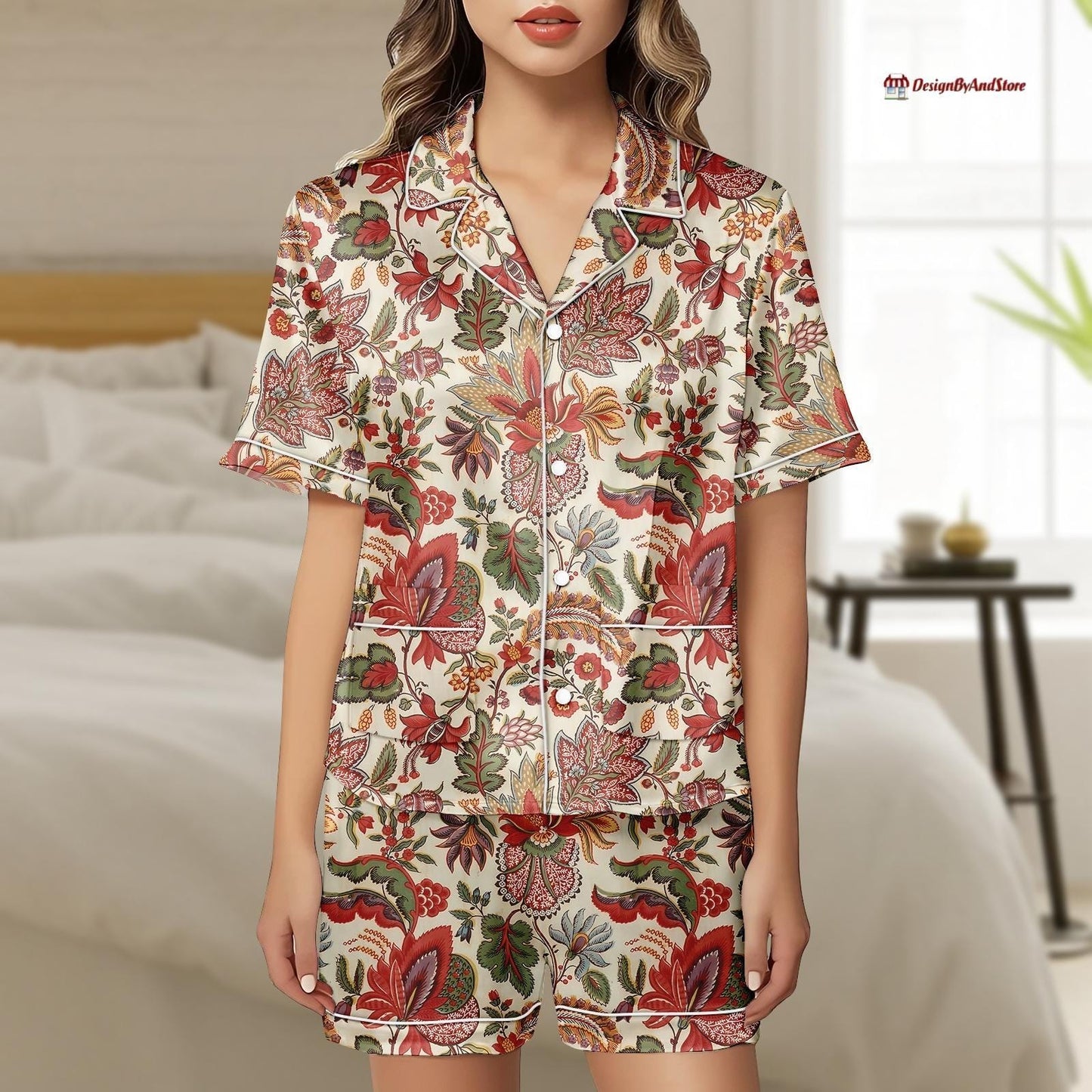 Floral Satin Pajama Set, Lightweight Button Loungewear, Red Flower Sleepwear Shirt and Shorts, Comfortable Lounge Set