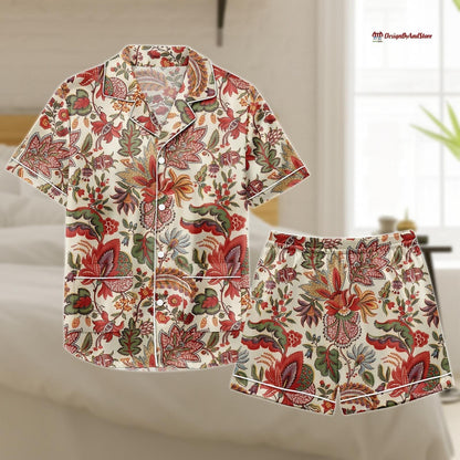 Floral Satin Pajama Set, Lightweight Button Loungewear, Red Flower Sleepwear Shirt and Shorts, Comfortable Lounge Set