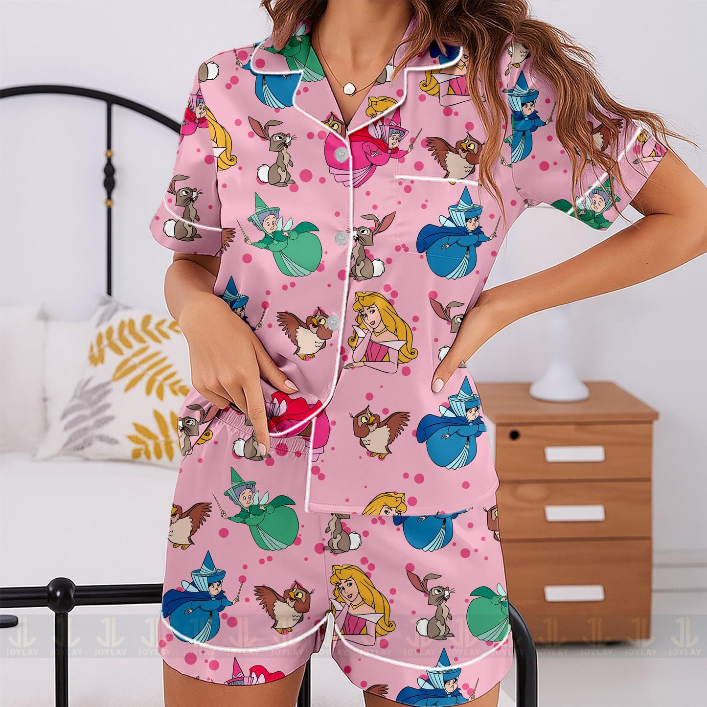 Sleeping Beauty Aurora Princess Godmother Unisex Satin Pajamas Set, Spooky Season Pajamas , Long Sleeve And Short Styles