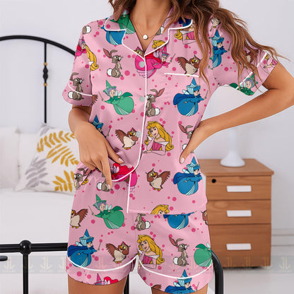 Sleeping Beauty Aurora Princess Godmother Unisex Satin Pajamas Set, Spooky Season Pajamas , Long Sleeve And Short Styles