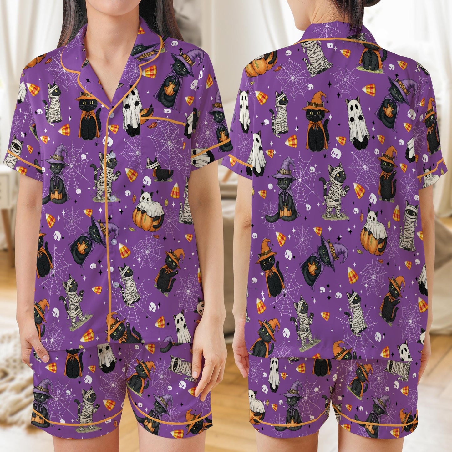 Halloween Cat Pajama Set, Cute Boo Cat Sleepwear, Spooky Black Cat Loungewear, Funny Ghost Mummy Witch Cat PJs, Gothic Halloween Pajamas