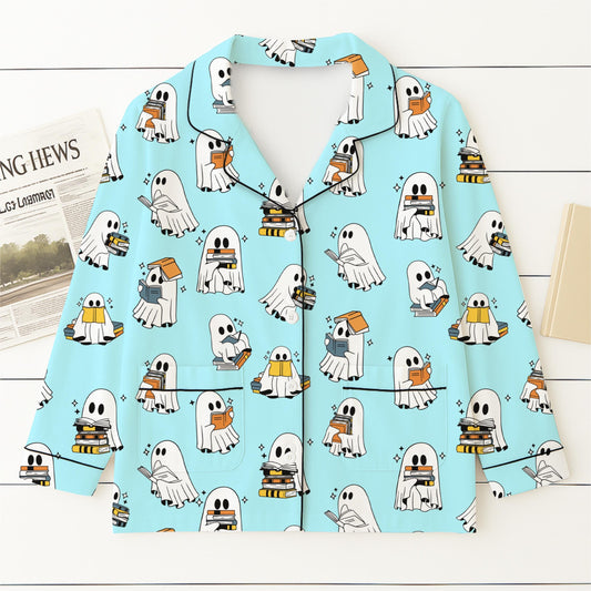 Halloween Ghost Reading Books Pajamas Set, Reading Ghost Sleepwear, Cozy Fall Nightwear, Spooky Season Gift, Bookish Gift, Halloween Gift