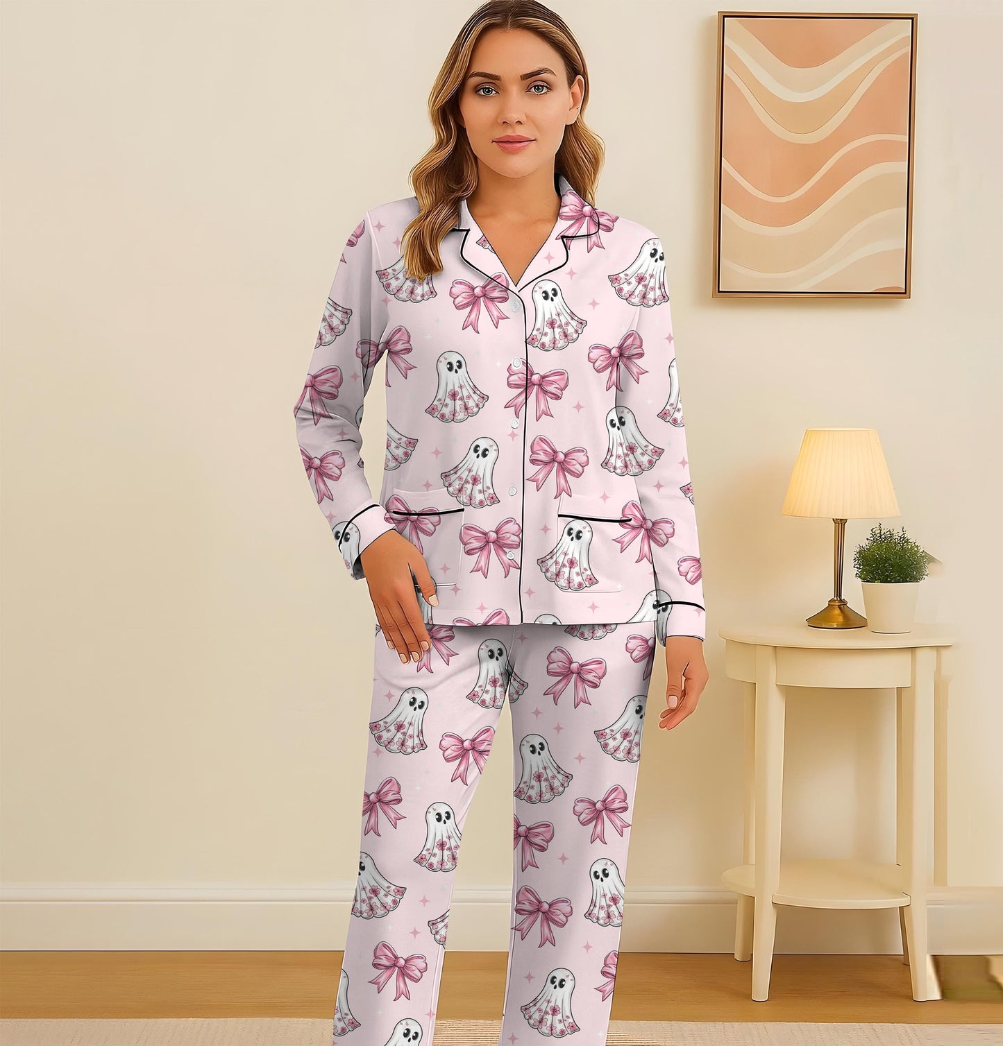 Halloween Pink Ghost And Bow Pajamas Set, Floral Ghost Sleepwear, Cute Boo Homewear, Cozy Loungewear, Coquette Ghost With Bow Pjs