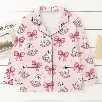 Halloween Pink Ghost And Bow Pajamas Set, Floral Ghost Sleepwear, Cute Boo Homewear, Cozy Loungewear, Coquette Ghost With Bow Pjs
