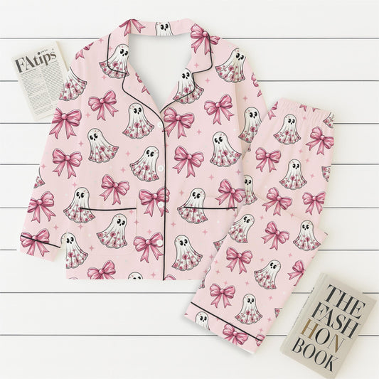 Halloween Pink Ghost And Bow Pajamas Set, Floral Ghost Sleepwear, Cute Boo Homewear, Cozy Loungewear, Coquette Ghost With Bow Pjs