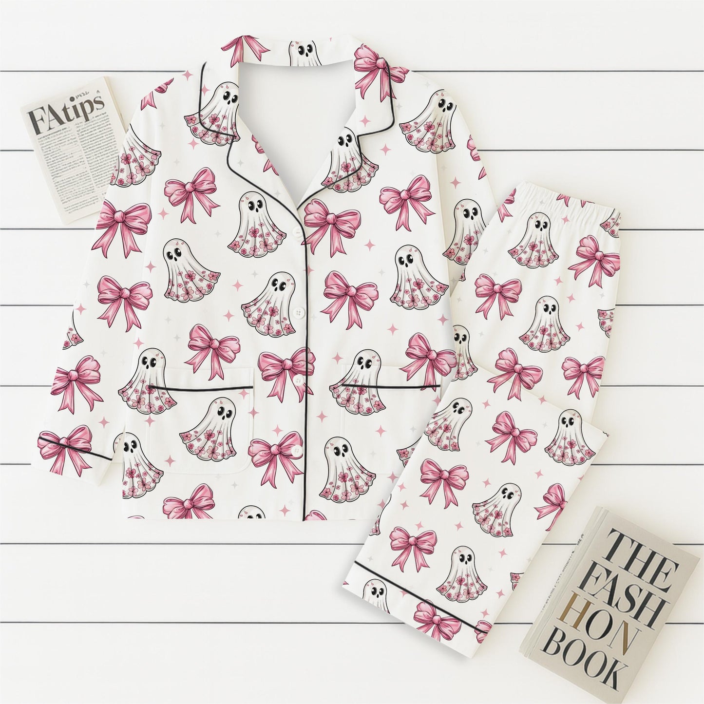 Halloween Pink Ghost And Bow Pajamas Set, Floral Ghost Sleepwear, Cute Boo Homewear, Cozy Loungewear, Coquette Ghost With Bow Pjs