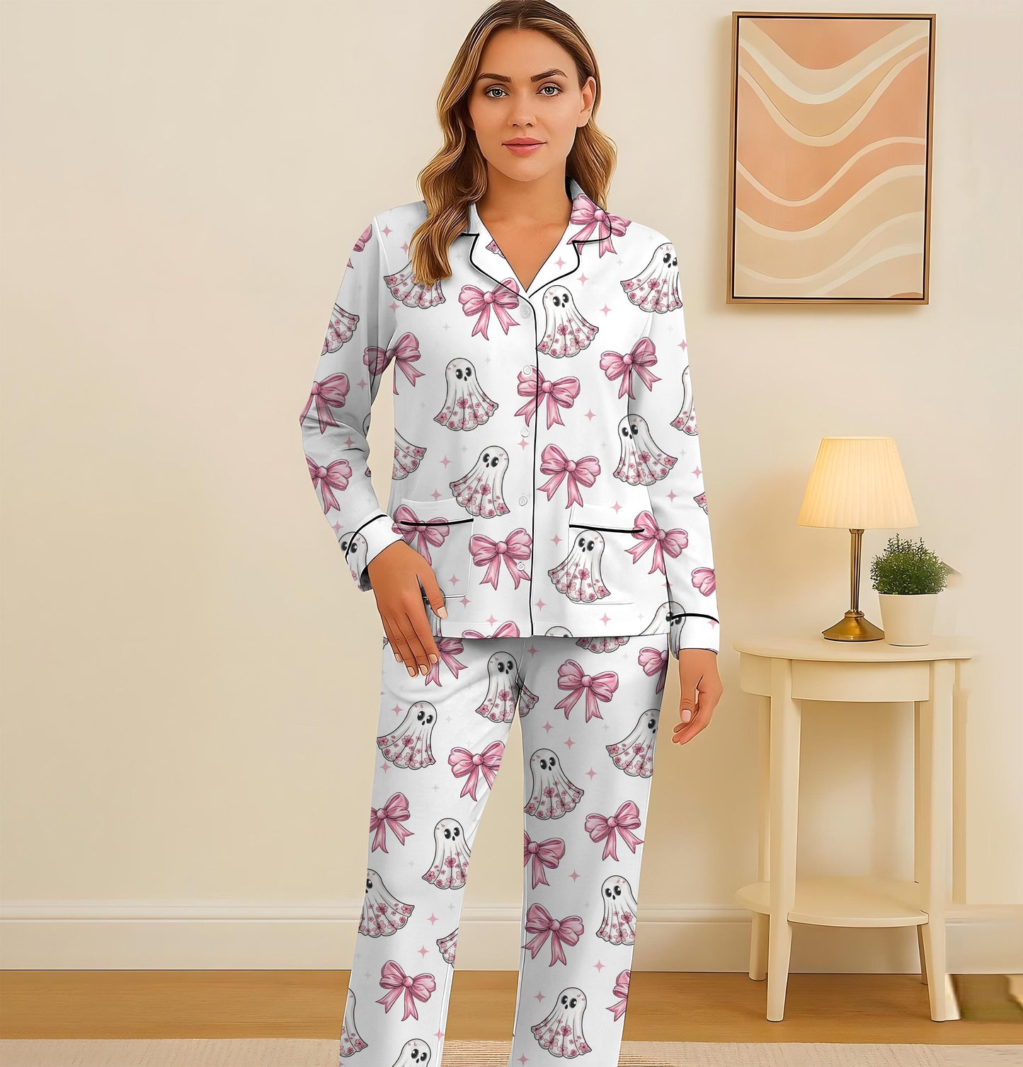 Halloween Pink Ghost And Bow Pajamas Set, Floral Ghost Sleepwear, Cute Boo Homewear, Cozy Loungewear, Coquette Ghost With Bow Pjs