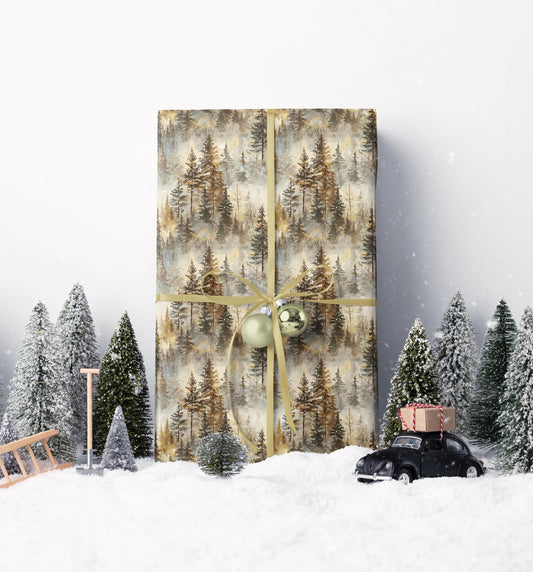Pinecone Gift Wrap Roll, Winter Forest Theme Christmas Wrapping Paper with Trees and Snow #34