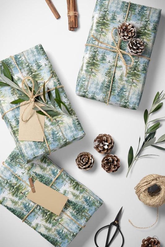 Winter Pine Tree Wrapping Paper Roll, Holiday Gift Wrap with Forest and Pinecone Design #29