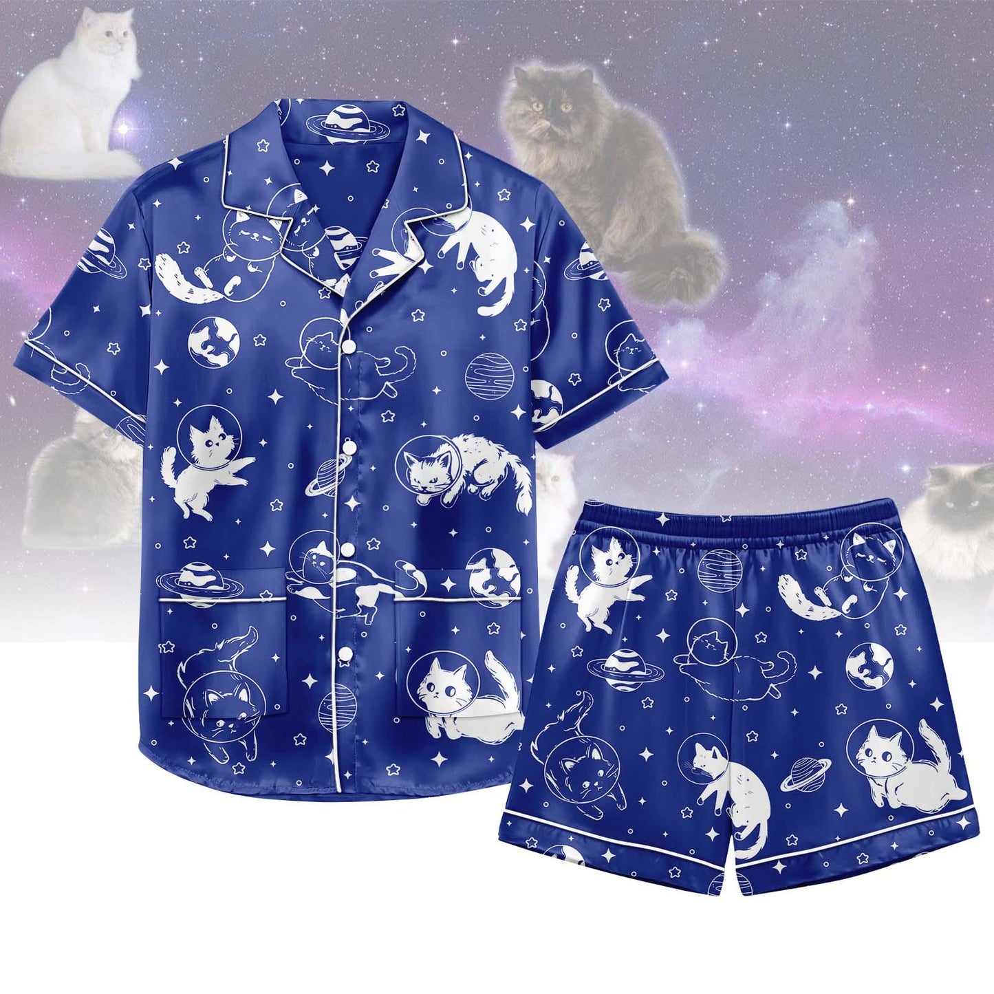 Space Cat Pajamas Short Set, Astronaut Cat Women Pajamas, Galaxy Cat Sleepwear Matching Pjs, Lounge Set For Women, Gift For Pet Lovers