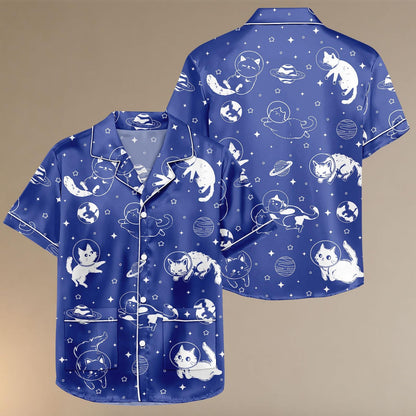 Space Cat Pajamas Short Set, Astronaut Cat Women Pajamas, Galaxy Cat Sleepwear Matching Pjs, Lounge Set For Women, Gift For Pet Lovers