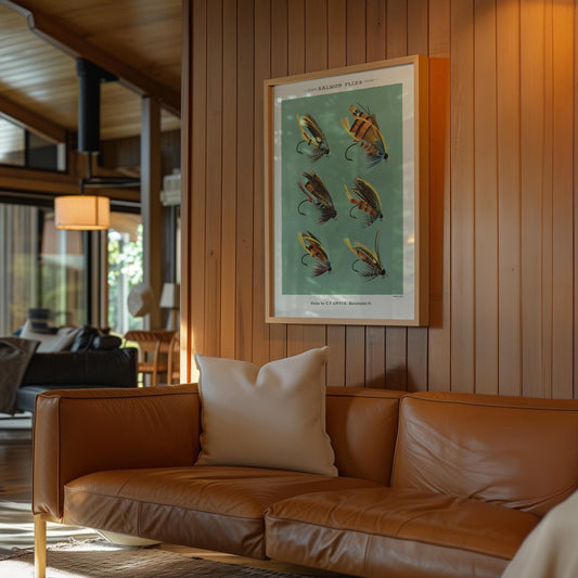 Salmon Fly Fishing Hooks Vintage Fishing Poster Art Retro Cabin Wall Decor Outdoor Sports Fisherman Illustration Salmon Flies Gift for Dad