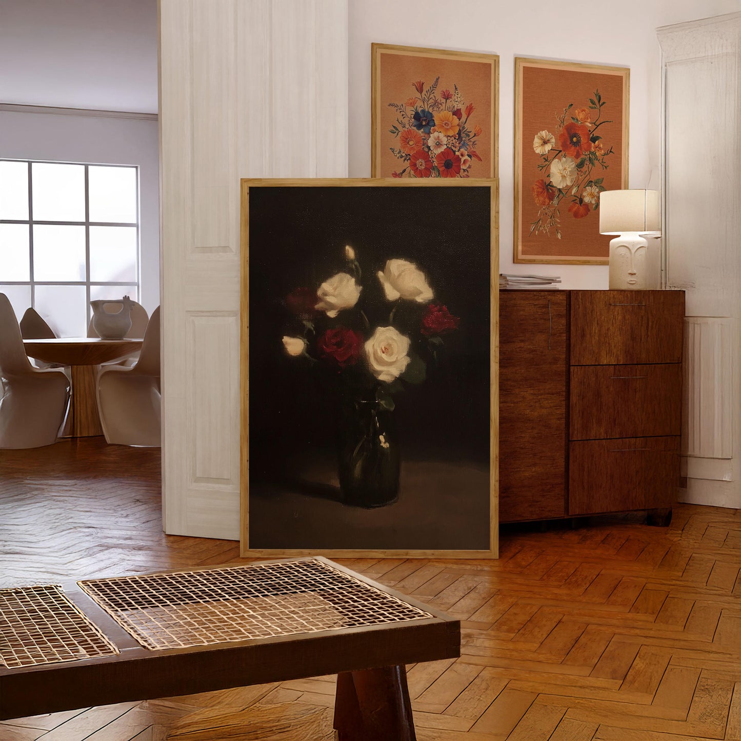 Vase of Roses Vintage Oil Painting Print Neutral French Styled Floral Bouquet Print Dark Gothic Botanical Illustration Farmhouse Chic Poster