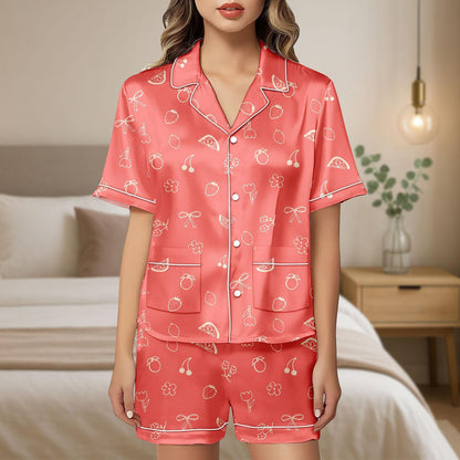 Strawberry Fruit Satin Pajama Set, Coral Summer Sleepwear for Women, Cute Fruit Print Matching Loungewear PJs