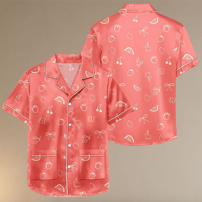 Strawberry Fruit Satin Pajama Set, Coral Summer Sleepwear for Women, Cute Fruit Print Matching Loungewear PJs